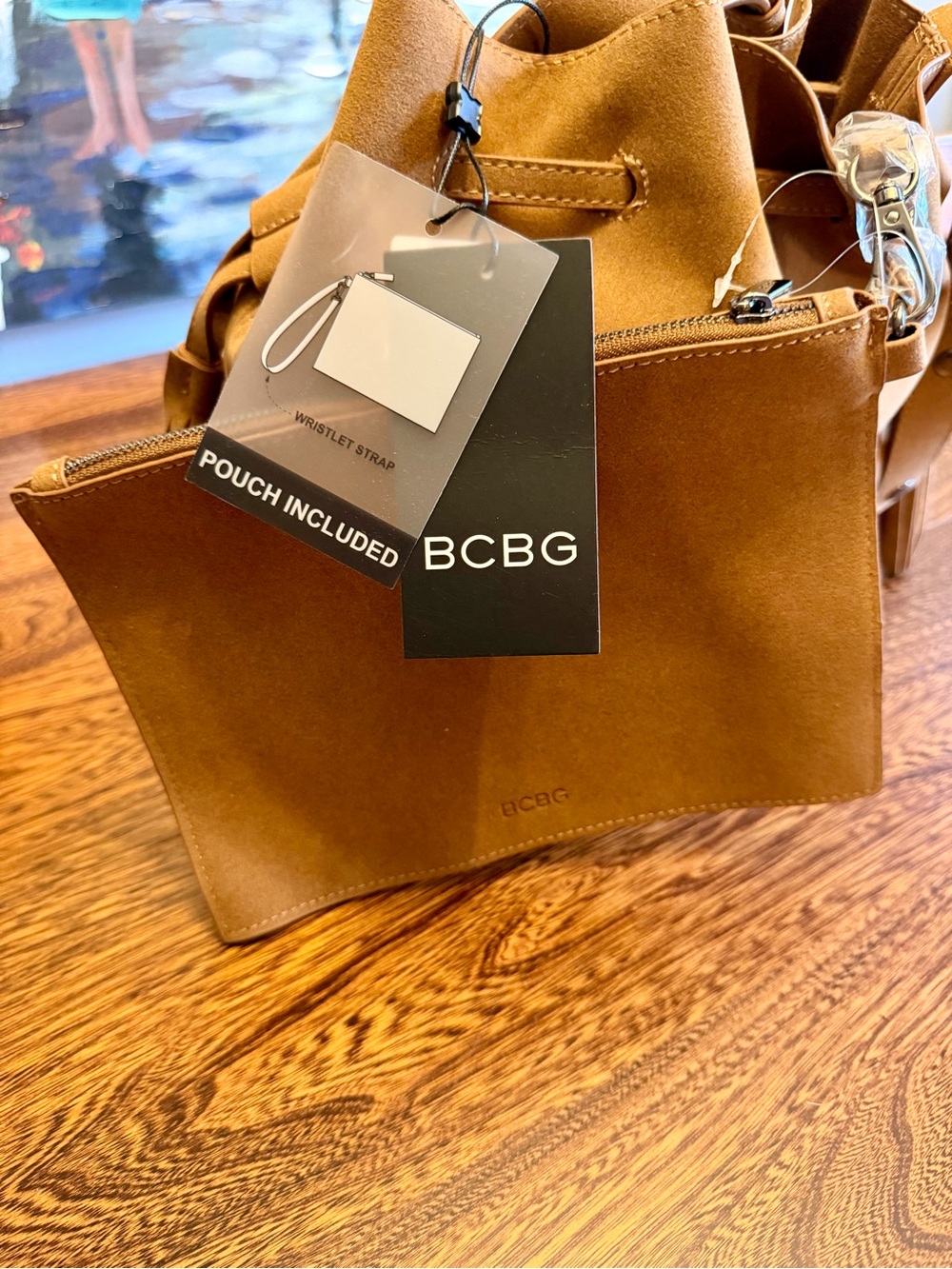 BCBG MaxAzria Faux Suede Bucket Shoulder Bag in Tan - Picture 4 of 8